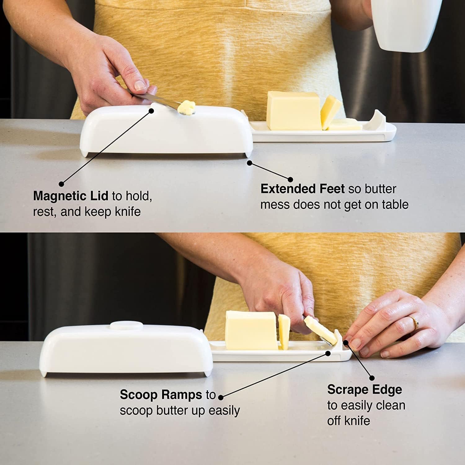 Butter Hub Extra Large Butter Dish with Lid and Knife, European Size Magnetic Butter Keeper, Easy Scoop, No Mess Lid, Plastic, Dishwasher Safe (White, European / 2 Sticks)