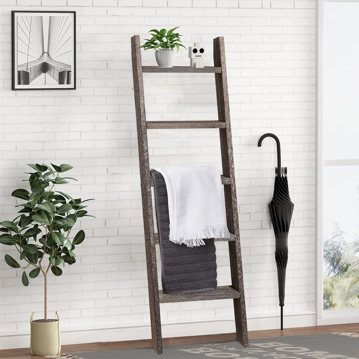 Natsukage Rustic Wooden Blanket Ladder - Farmhouse Decorative Ladder Shelf for Living Room, Bathroom, Bedroom (63" x 22", Rustic Walnut)