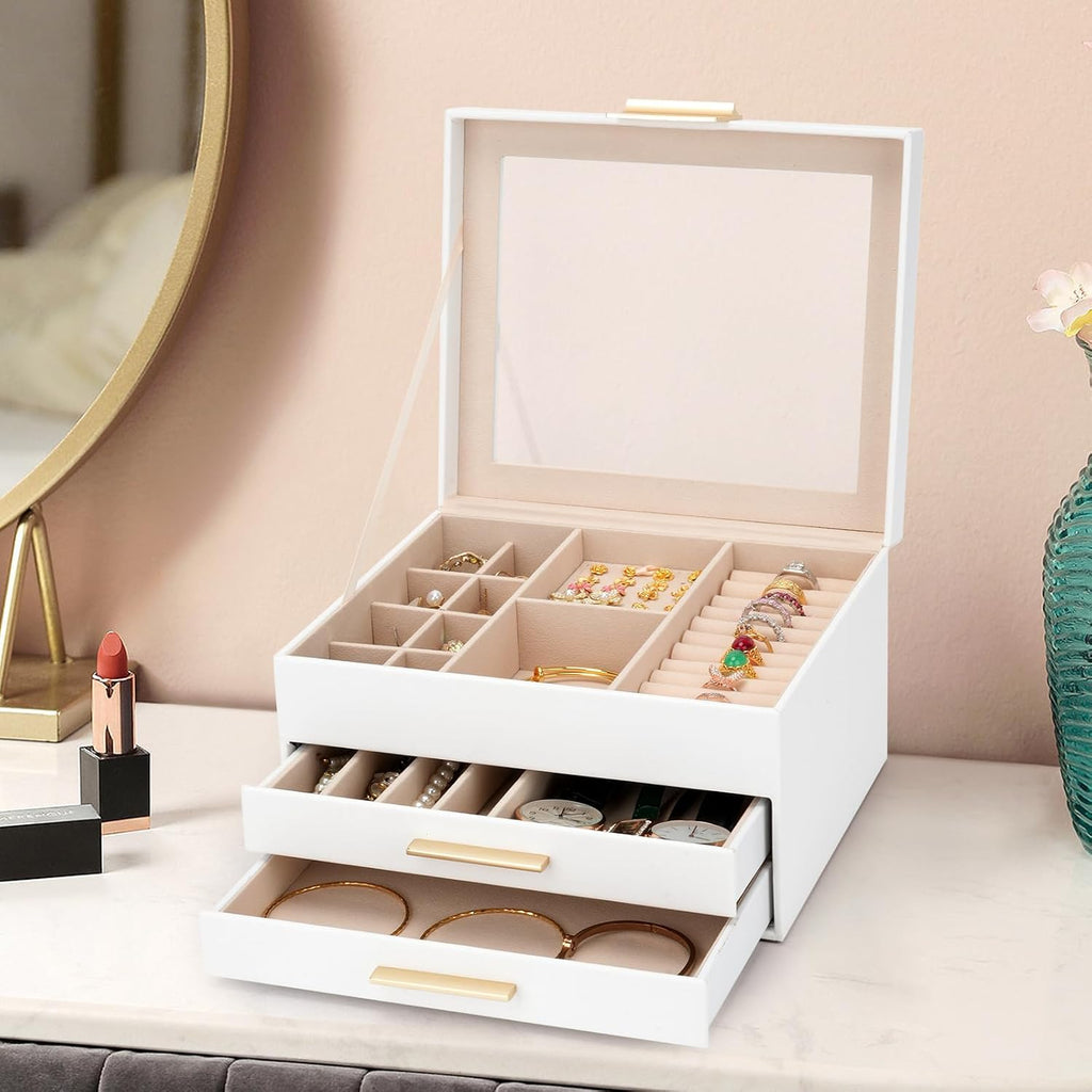 Jewelry Box for Women, 3-Layer Jewelry Box, Jewelry Organizer with Clear Glass Lid and Drawers, Jewelry Organizers and Storage for Necklaces, Rings, Earrings, Bracelets(White)