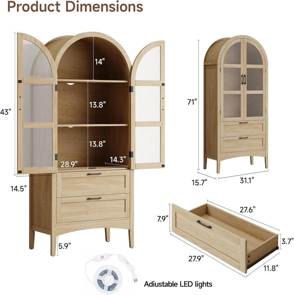 ONBRILL 71" Tall Arched Display Cabinet with LED Lights, Arched Kitchen ...