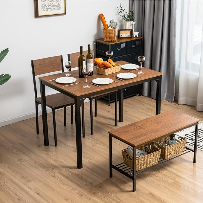 Giantex Dining Table Set for 4, 43" Kitchen Table and Chairs, Dining Bench with Metal Frame & Storage Rack, 4-Piece Modern Functional Desk Set for Dinette, Small Space, Apartment, Restaurant, Walnut