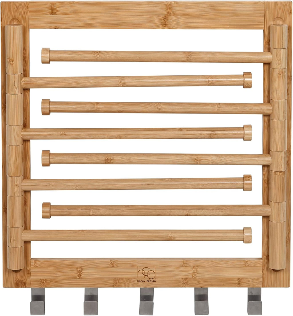 Honey-Can-Do Bamboo Wall-Mount Swivel-Arm Drying Rack, 80 lb, Natural | Wall-mount bamboo rack with 8 swivel arms holds 80 lb; folds to 1.7 in deep. Ships assembled with 5 steel hooks.