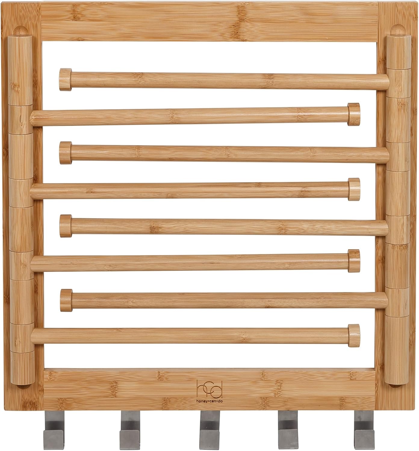Honey-Can-Do Bamboo Wall-Mount Swivel-Arm Drying Rack, 80 lb, Natural | Wall-mount bamboo rack with 8 swivel arms holds 80 lb; folds to 1.7 in deep. Ships assembled with 5 steel hooks.