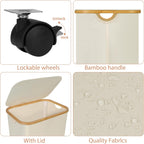 Laundry Basket with Wheels,100L Hampers for Laundry,Large Laundry Hamper with Lid and Bamboo Handles,Collapsible & Waterproof Tall Cloth Hamper for Dormitory Family，Beige