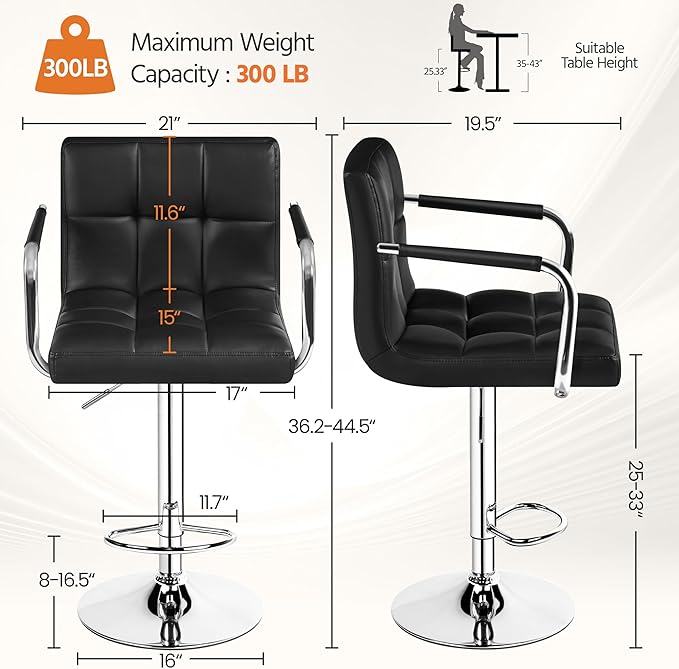Yaheetech Bar Stools Set of 2, PU Leather Height Adjustable Swivel Barstools,...