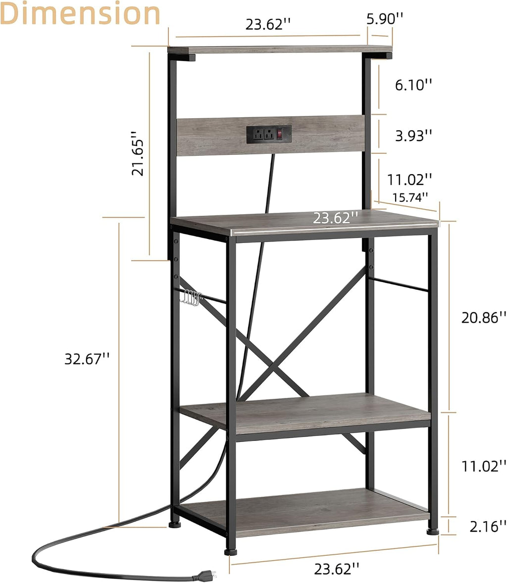 Kitchen Bakers Rack with Power Outlet, Microwave Stand with 6 S-Shaped Hooks, 4-Tier Coffee Bar Microwave Rack (Grey)