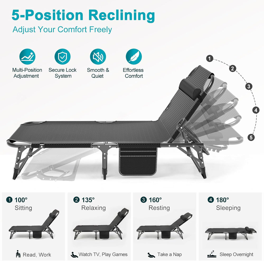 ABORON Tanning Chair, 5-Position Padded Folding Chaise Lounge