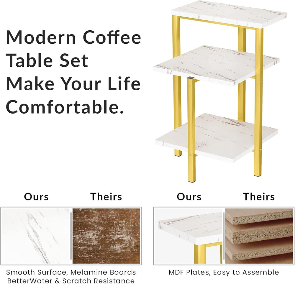 DKLGG Living Room Table Set of 3, Modern Faux Marble Square Coffee Table &amp...