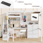 mikibama Full Size Solid Pinewood Loft Bed with Storage Stairs,Charging Station,Bookshelf,Safety Guardrails,Desk and Wardrobe & Drawer for Bedroom,No Box Spring Needed,Easy Assembly,White