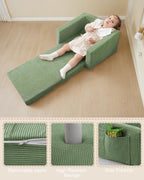 2-in-1 Kids Chair and Couch, Cozy Corduroy Kids Sofa, Green | Fold-Out Kids Couch, Boys and Girls, Bedroom & Playroom, Reading and Playing, Lightweight, Removable Washable Cover