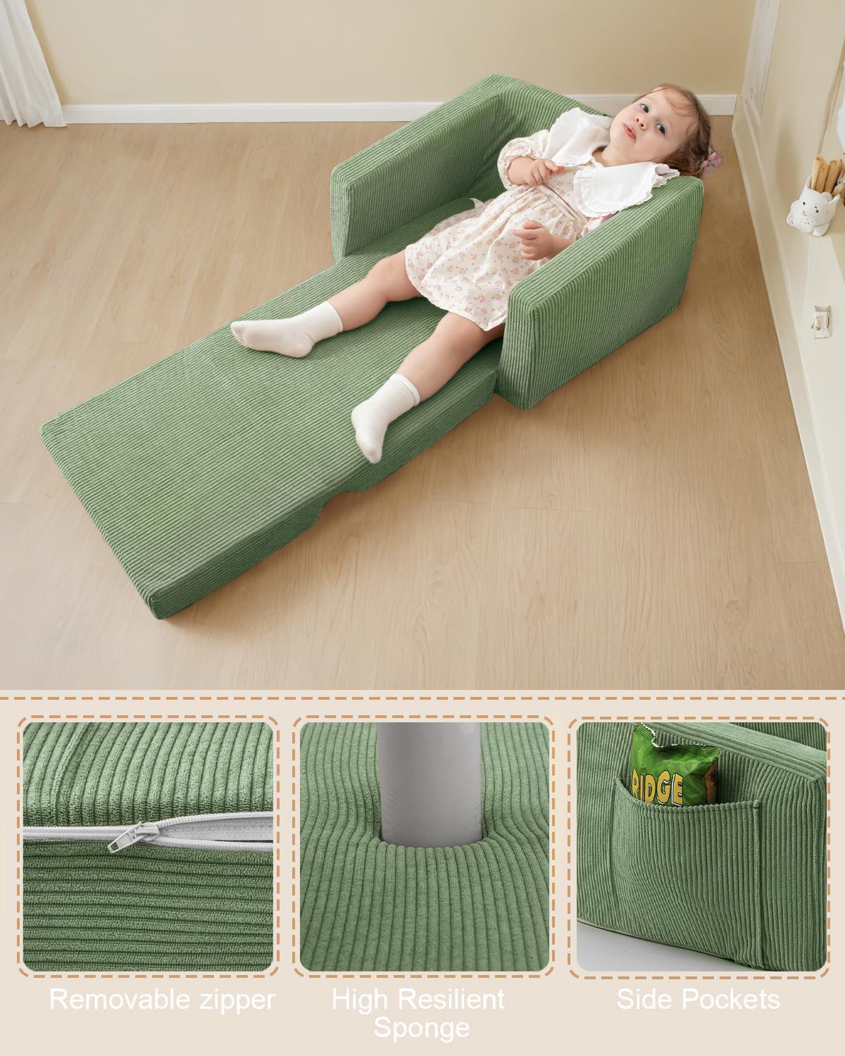 2-in-1 Kids Chair and Couch, Cozy Corduroy Kids Sofa, Green | Fold-Out Kids Couch, Boys and Girls, Bedroom & Playroom, Reading and Playing, Lightweight, Removable Washable Cover
