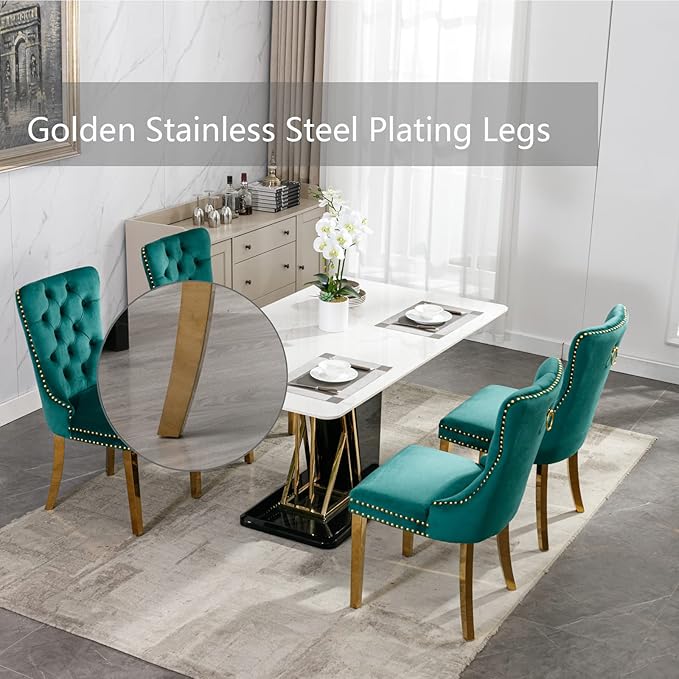 Velvet Dining Room Chairs Set of 4, Upholstered Dining Chairs with Back Ring Pull Trim and Golden Stainless Steel Legs,Modern Dining Chair Perfect for Dining Room,Living Room,Kitchen(Green)