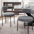 Grey Boucle Dining Chairs Set of 2, Upholstered Dining Room Chairs with Black Metal Legs, Round Modern Dining Chair for Dining Room, Kitchen