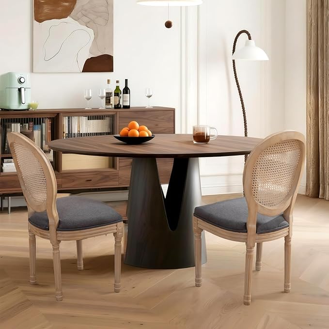 French Country Dining Chairs Set of 2,Farmhouse Upholstered Dining Room Chairs with Round Back and Solid Leg,Rattan Kitchen Chairs for Kitchen/Bedroom/Dining Room,Gray
