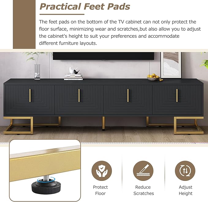 ON-TREND Modern TV Stand with Metal Legs and Gold Handles for TVs Up to 80'', Media Console Table with Cabinets and Adjustable Shelves, Luxury TV Cabinet with Geometric Lines for Living Room, Black