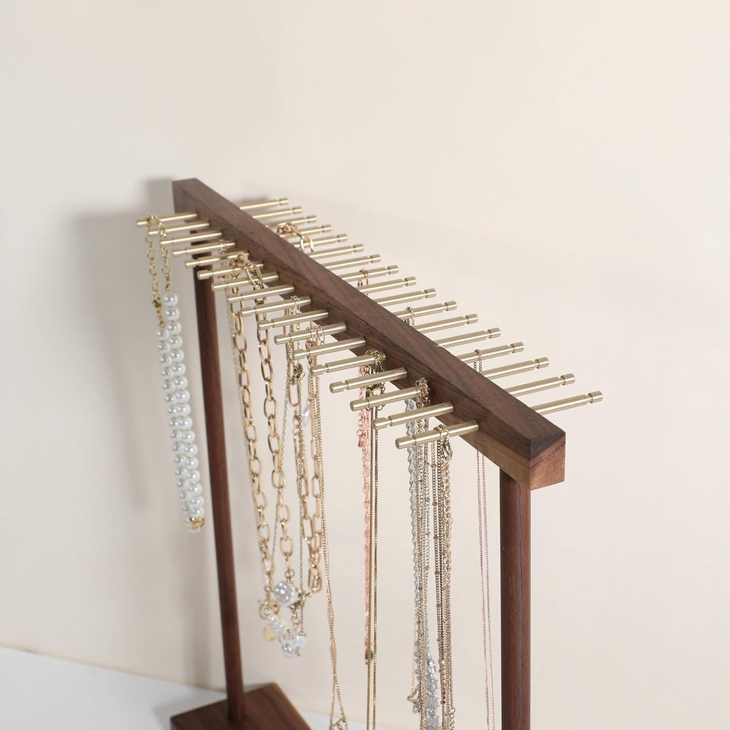 GemeShou Large necklace hanger shelf with 17 copper bars, Wooden jewelry storage organizer rack for hanger necklace bracelet, necklace display stand for boutique store【Walnut】
