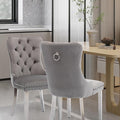 Velvet Upholstered Dining Chairs Set of 2, Modern Style Kitchen Side Chairs with Nailhead Trim and Silver Plated Leg, Metal Pulling Ring for Dining Room Living Room(Gery-Silver Plated Leg)
