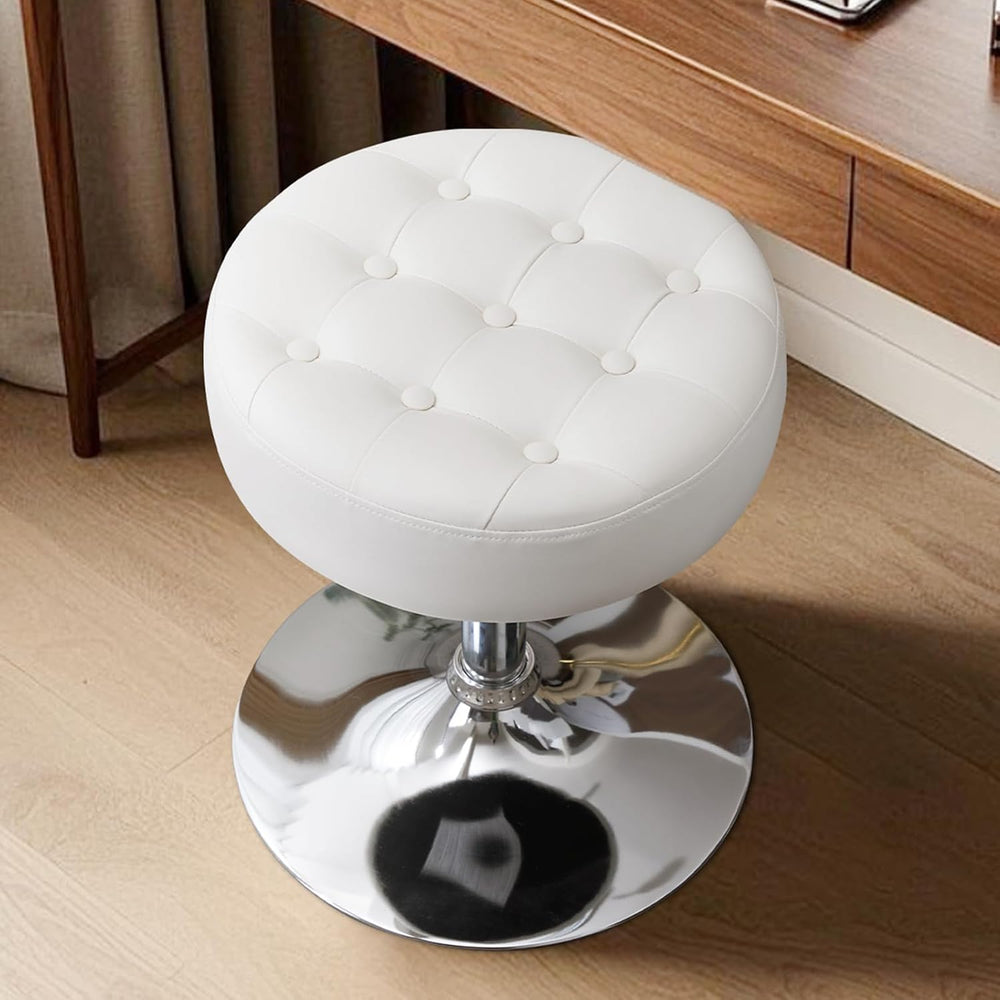 360° Swivel PU Leather Vanity Stool, White Makeup Chair for Bedroom, Large Ro...