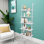 White Ladder Shelf Wall Mount, 5 Tier Ladder Bookshelf with Wood Shelf and Metal Frame, Modern Tall Ladder Shelves for Living Room, Bedroom, Office (12" D x 24" W x 71" H)