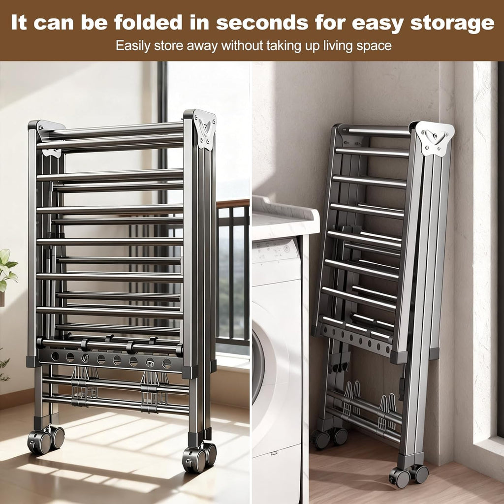 Heavy Duty 3-Tier Clothes Drying Rack with Wheels & Shoe Rack - Large 5.9ft Foldable Metal Laundry Stand, Portable Collapsible Clothing Hanger for Indoor Outdoor Use in Laundry Room