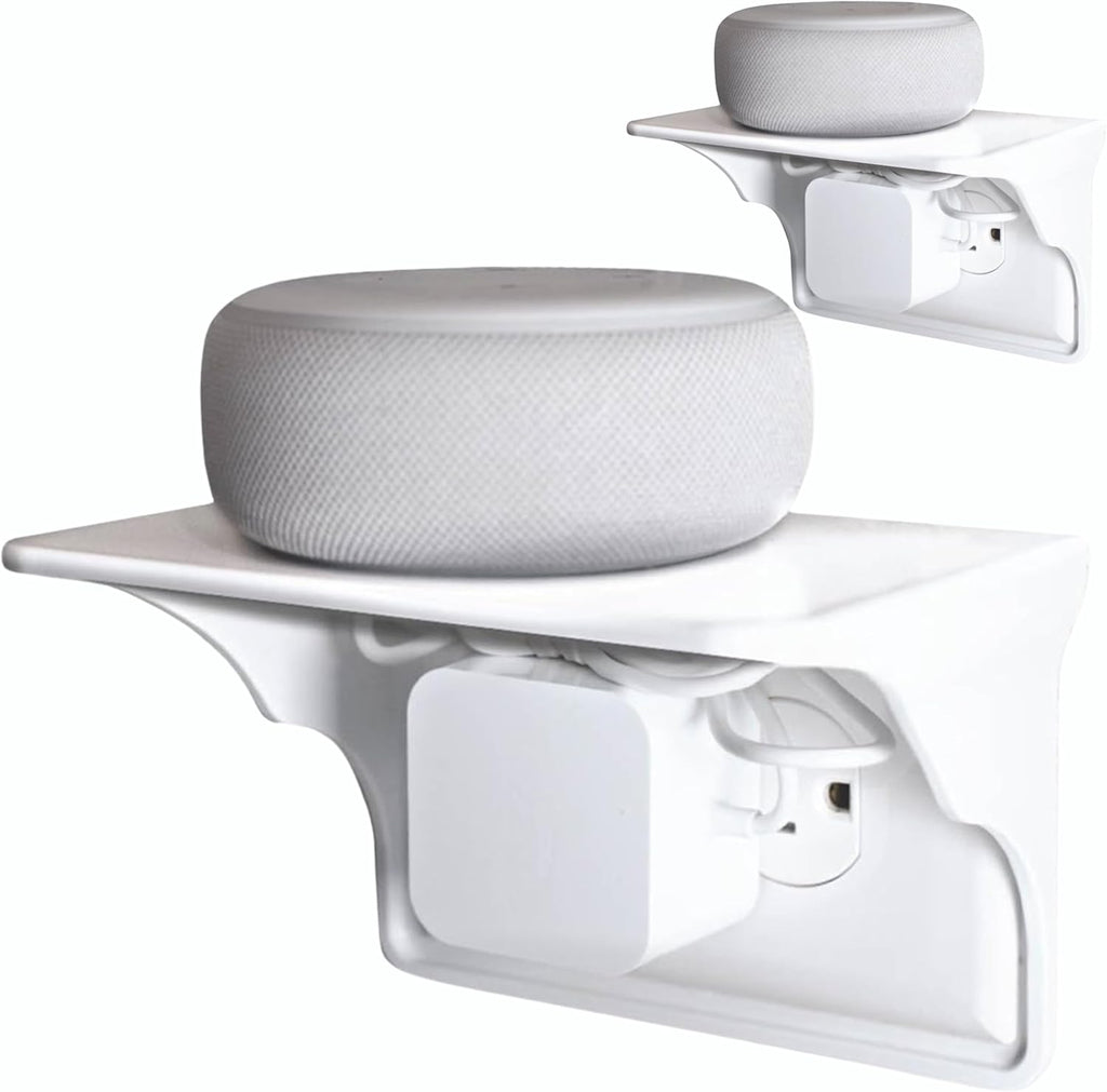 Power Perch Horizontal Wall Outlet Shelf with Cord Storage Strap - Declutter & Reclaim Bathroom Counter Space - Alexa Stand, Apple Homepod Shelf, Toothbrush Holders Wall Mounted - White, 2-Pack