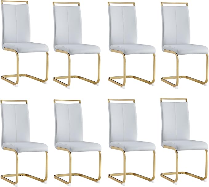 AZmac Modern Leather Dining Chairs Set of 8,Armless Kitchen Chairs,Dining Room Chairs with Upholstered Padded Seat and Sturdy Golden Legs for Dining Room,Kitchen (Set of 8, Light Grey-Gold Leg)
