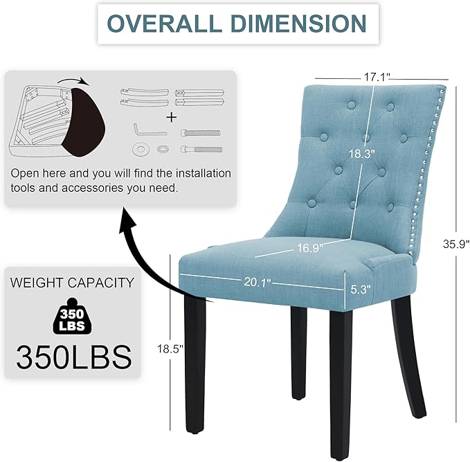 Upholstered Tufted Dining Chairs Set of 4, Fabric Side Dining Room Chairs with Nailhead Back Ring Pull Trim Solid Wood Legs, Blue