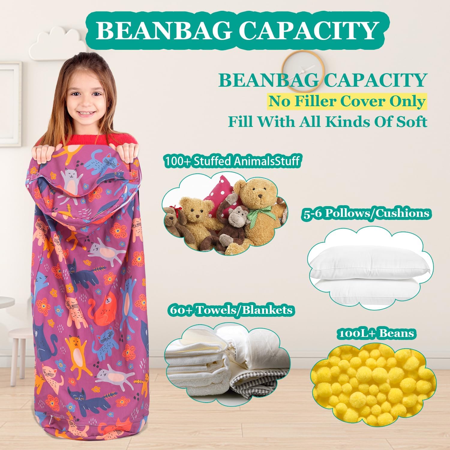 LOLOMLO Stuffed Animal Bean Bag Storage Chair for Kids Cover Only (No Filler), Organize, Sit, Play & Boxing, 100% Cotton Canvas Washable, Ultra Soft Cylinder Long Vertical Zipper Best Gift for Child