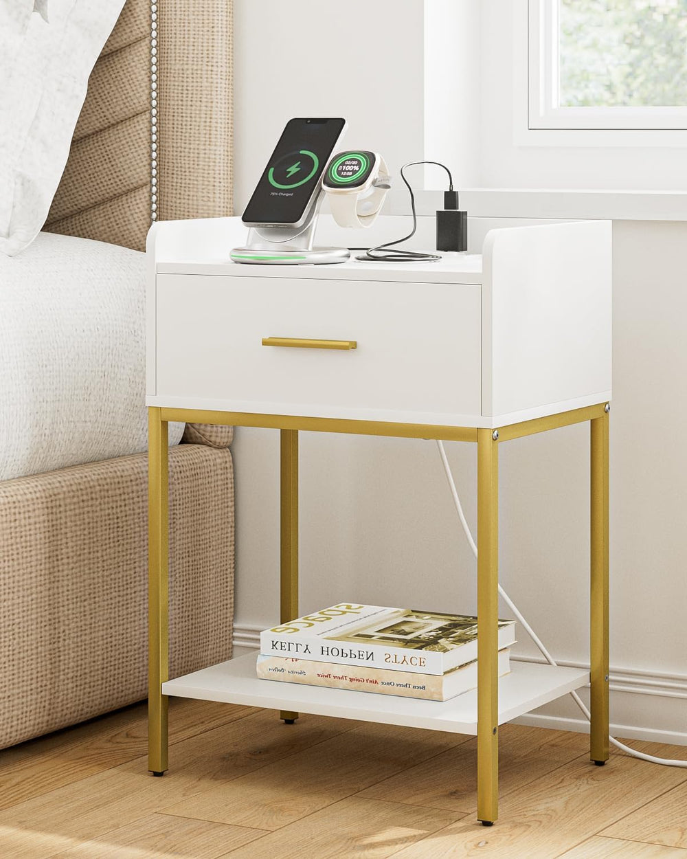 Aienvey Nightstand with Charging Station,Bedside Table with Drawer and 2 Shel...