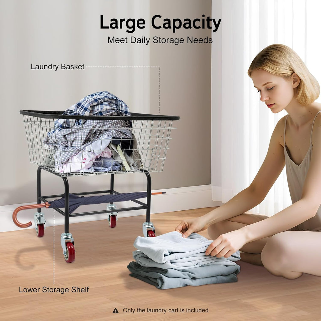 Steel Wire Laundry Cart, Wire Laundry Basket Cart with 4" Casters, Heavy Duty Commercial Rolling Laundry Basket for Clothes Storage, 26.77"D x 21.5"W x 26"H