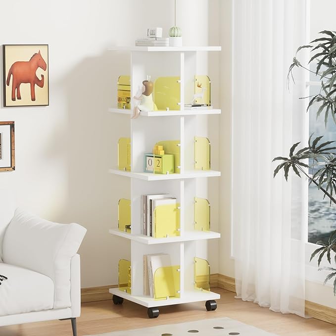VECELO 4-Tier Rotating Bookshelf, Modern Swivel Bookcase, Vintage Book Shelf for 360° Display, Stackable Shelves Floor-Standing Storage for Home Office, Solid Wood, Smooth Spinning, White