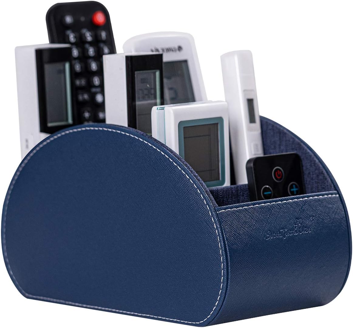 BONNY DODO Remote Control Holders Organizer Box with 5 Compartment PU Leather Multi-functional Office Desk Storage Caddy Store (Blue)