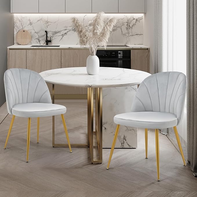 Velvet Dining Chairs Set of 4, Upholstered Mid Century Modern Dining Chairs, Armless Accent Chair with Metal Gold Legs for Living Room, Kitchen, Dining Room, Grey