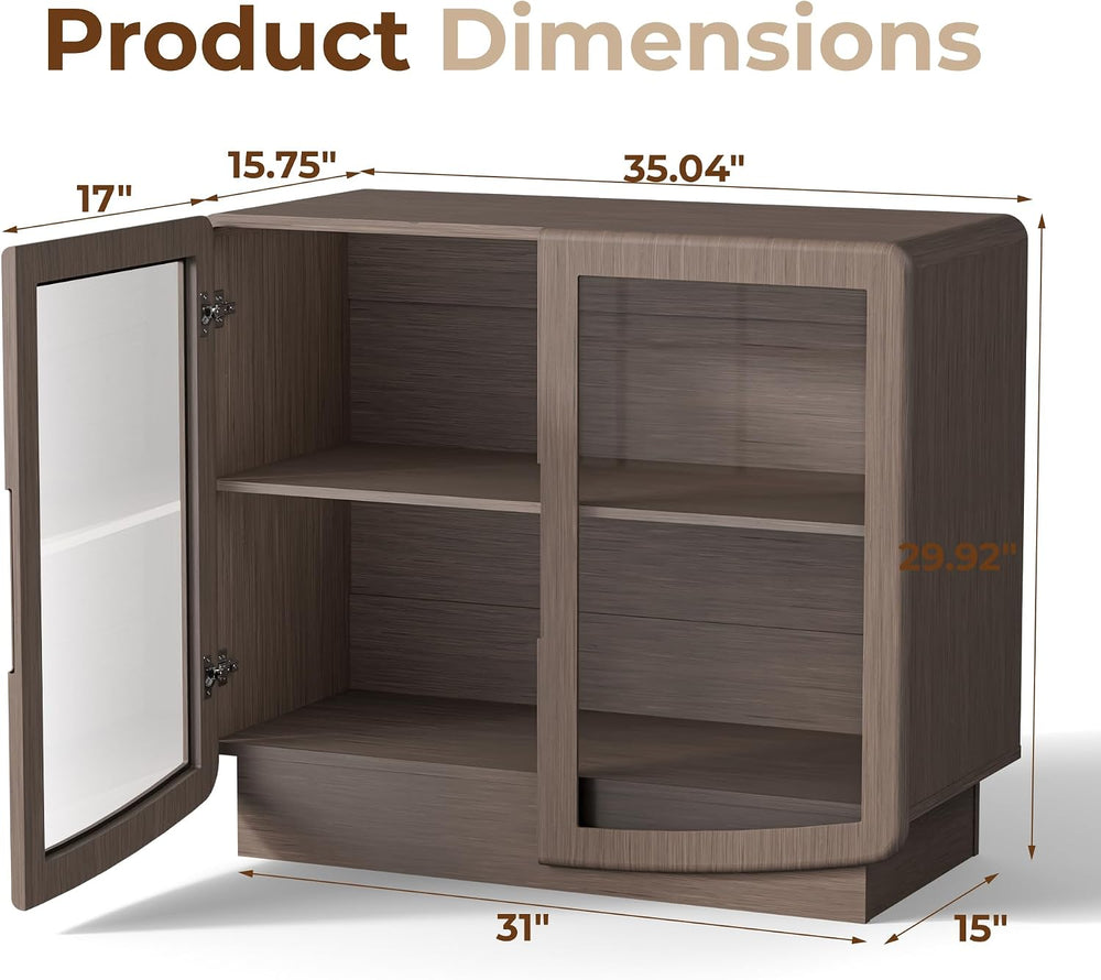35" Sideboard Buffet Cabinet with Storage, Walnut Glass 2-Door Cabinet w...