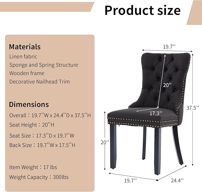 Modern Dining Chairs Set of 4, Tufted Upholstered Dining Chairs with Solid Wood Legs, Black Linen Fabric Kitchen Chair, Sillas de Comedor, Comfy Kitchen Chair (Black, Linen, 4Pcs)