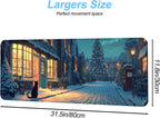 Christmas Winter Village Mouse Pad – 31.5" x 11.8" Large Extended Desk Mat with Black Cat and Christmas Tree Scene – Cozy Holiday Design, Non-Slip Base, Smooth Surface for Home & Office