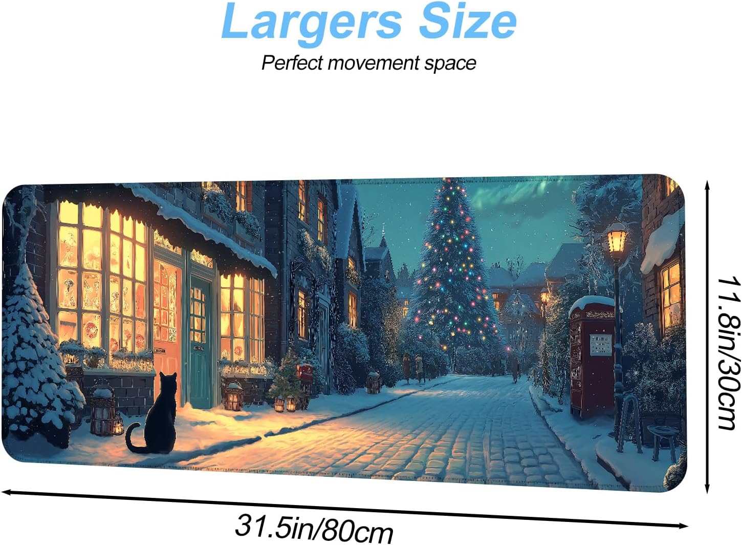Christmas Winter Village Mouse Pad – 31.5" x 11.8" Large Extended Desk Mat with Black Cat and Christmas Tree Scene – Cozy Holiday Design, Non-Slip Base, Smooth Surface for Home & Office