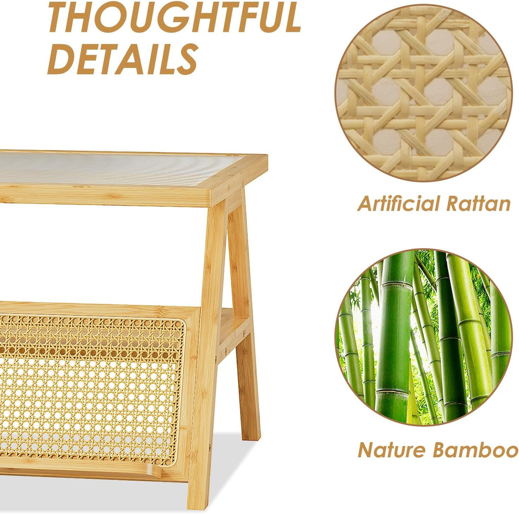 Bamworld Coffee Table with Storage Mid-Century Modern Coffee Table Boho | BambooTable with Glass Top for Living Room Office