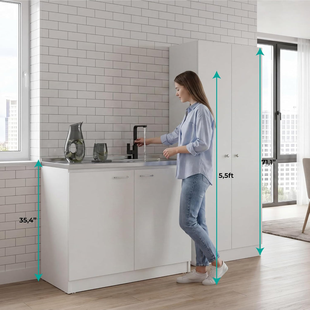 Tuhome Tall Storage Cabinet with 5 Adjustable Shelves, Two Large Doors and Kitchen Utility Sink Set with Stainless Steel Countertop Included