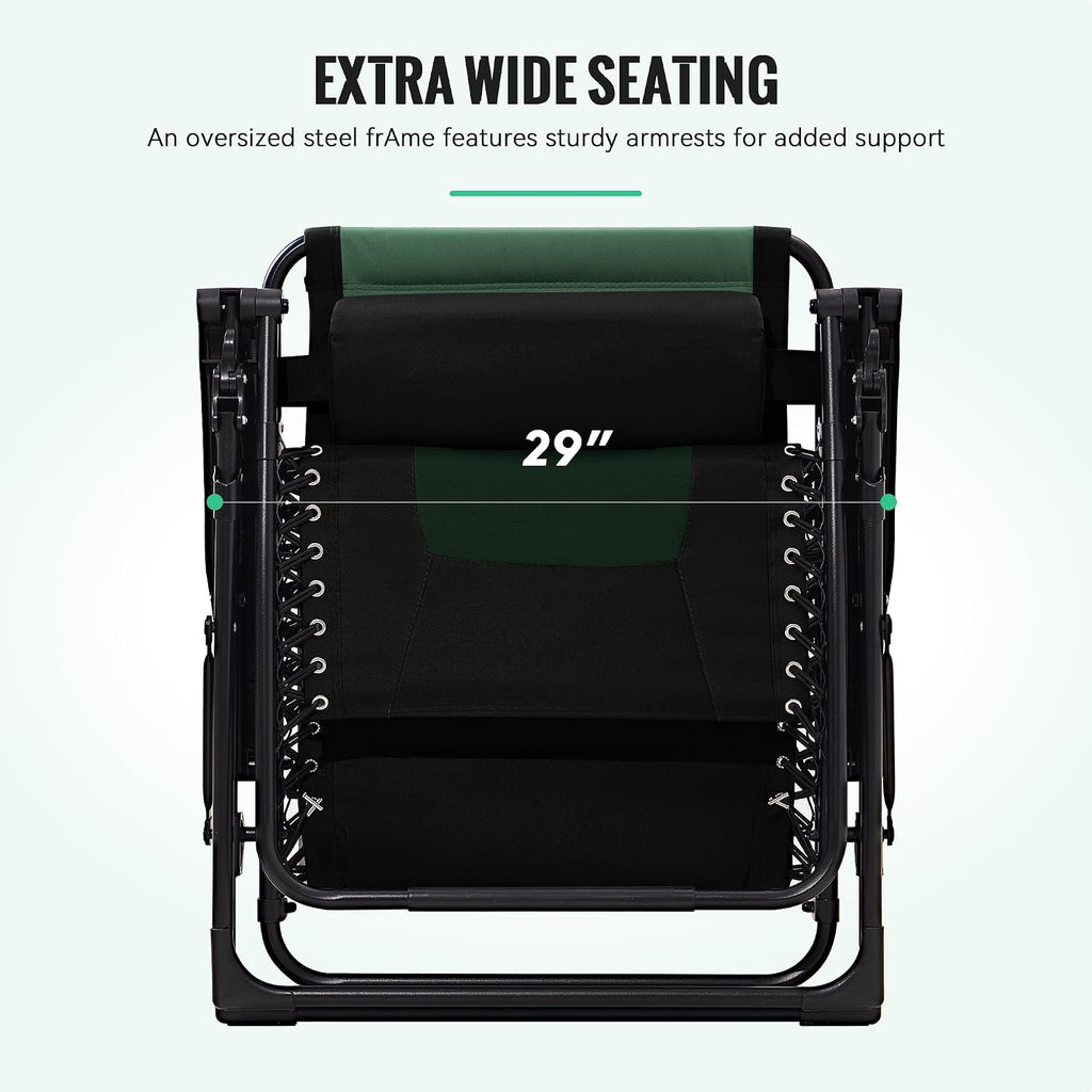 JEAREY Oversized Padded Zero Gravity Chairs, Folding Lounge Chair Outdoor Patio Recliner, Anti Gravity Chair for Backyard with Headrest, Cup Holder, Side Tray, Polyester Mesh - Black/Dark Green