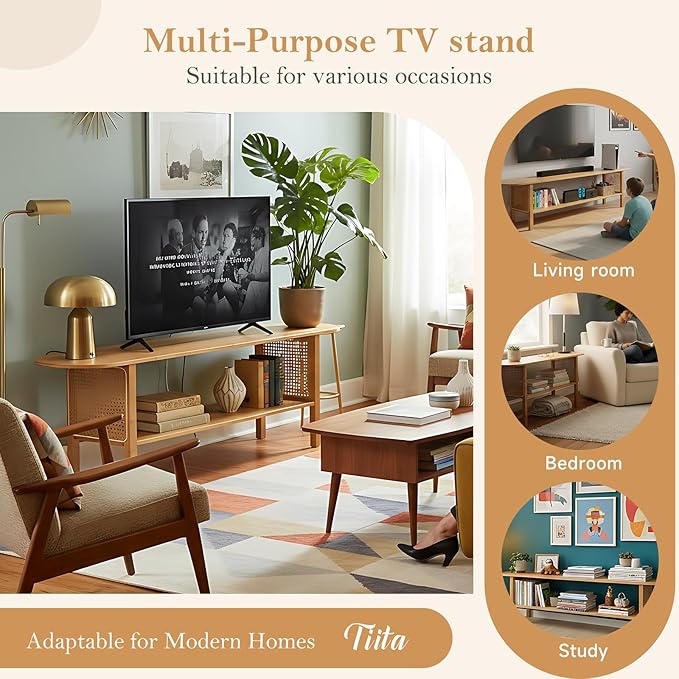 Tiita TV Stand with Storage for TVs up to 65'', Bamboo TV Console Entertainment Center with 2 Open Shelf, Mid Century Modern Media Console for Living Room, Bedroom, Wood
