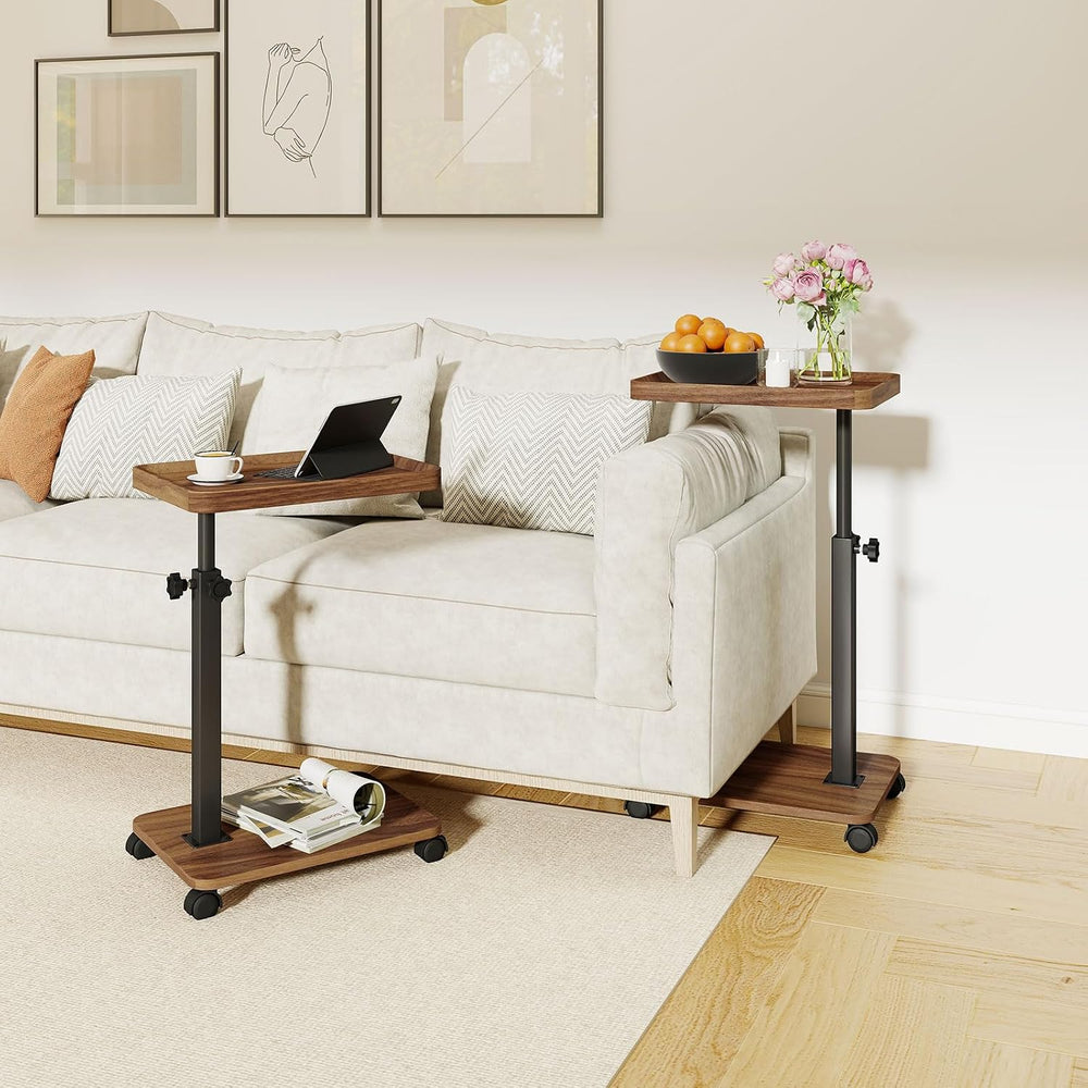 End Table, Adjustable Height Side Table, 360° Rotating MDF Veneer Sofa Side T...