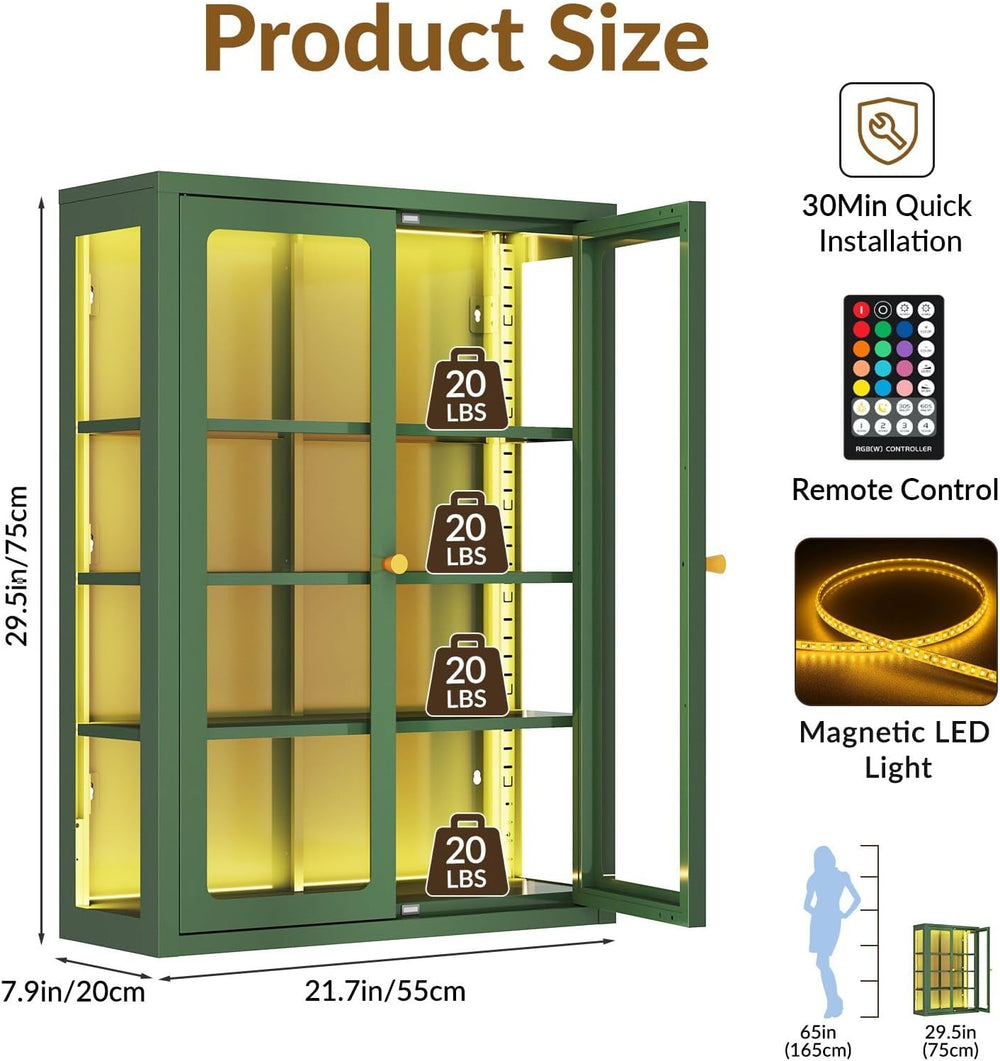 Waterproof Bathroom Metal Wall Cabinet with Light, Glass Doors & Adjustab...
