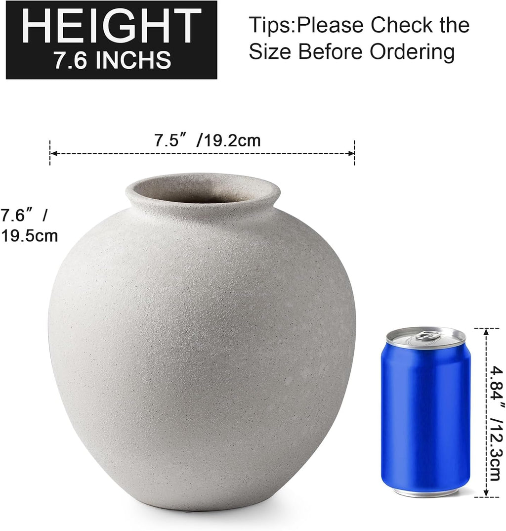 7.8 Inch White Ceramic Vase, Rustic Farmhouse Décor | Round stone-look finish, fits dried flowers, greenery, table centerpieces, weddings, holidays, bathroom, and entryway