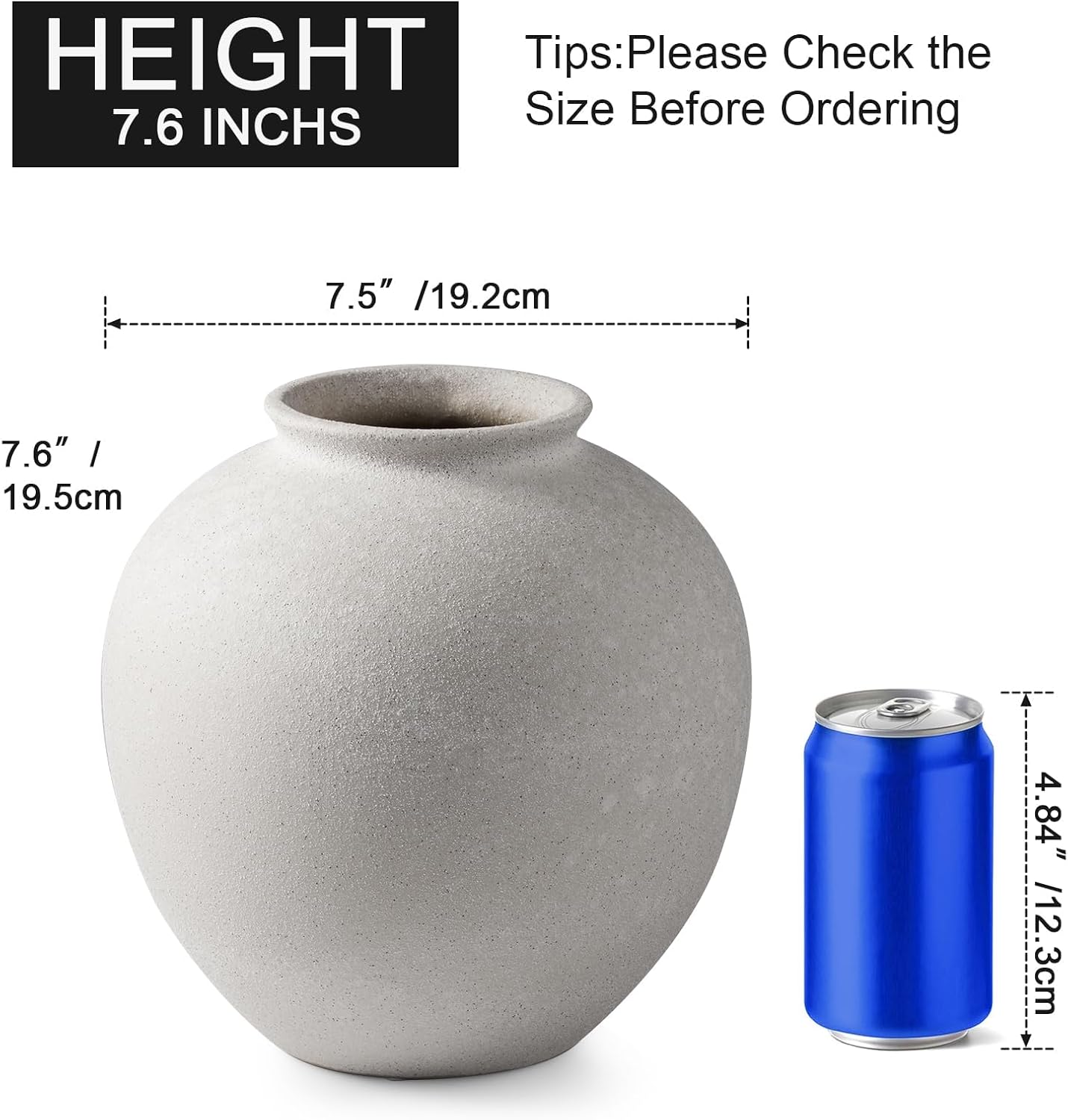 7.8 Inch White Ceramic Vase, Rustic Farmhouse Décor | Round stone-look finish, fits dried flowers, greenery, table centerpieces, weddings, holidays, bathroom, and entryway
