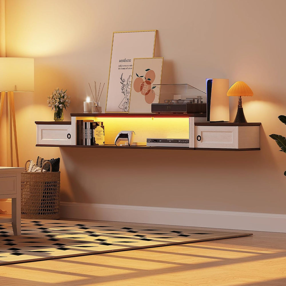 Farmhouse Floating TV Stand for 80" TVs, with LED Light & Outlet | 7...
