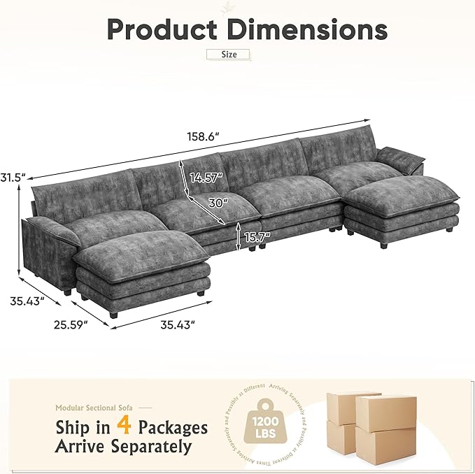 Furniwell 159" Modern Couches Sectional Sofa with Movable Ottoman, U Shaped Sofa Couch with Comfy Chenille and Deep Seat, 4-Seat Cloud Couch for Living Room, Bedroom and Apartment