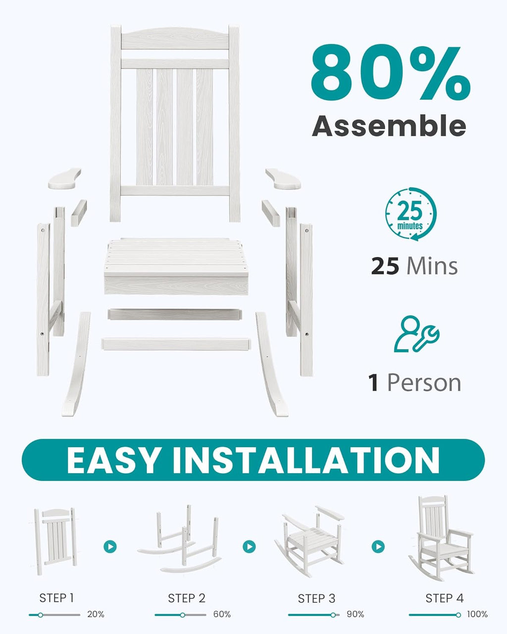 SERWALL Oversized Outdoor Rocking Chairs Set of 2, Oversized HDPE Porch Rockers for Adults, All-Weather Composite Patio Rocking Chairs, White