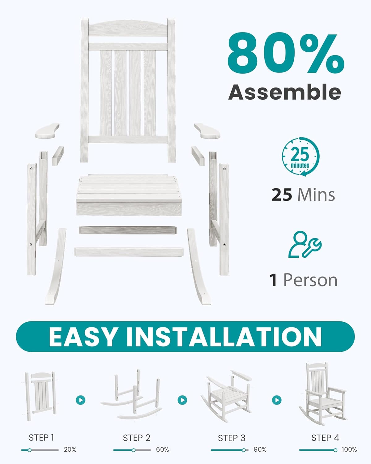 SERWALL Oversized Outdoor Rocking Chairs Set of 2, Oversized HDPE Porch Rockers for Adults, All-Weather Composite Patio Rocking Chairs, White