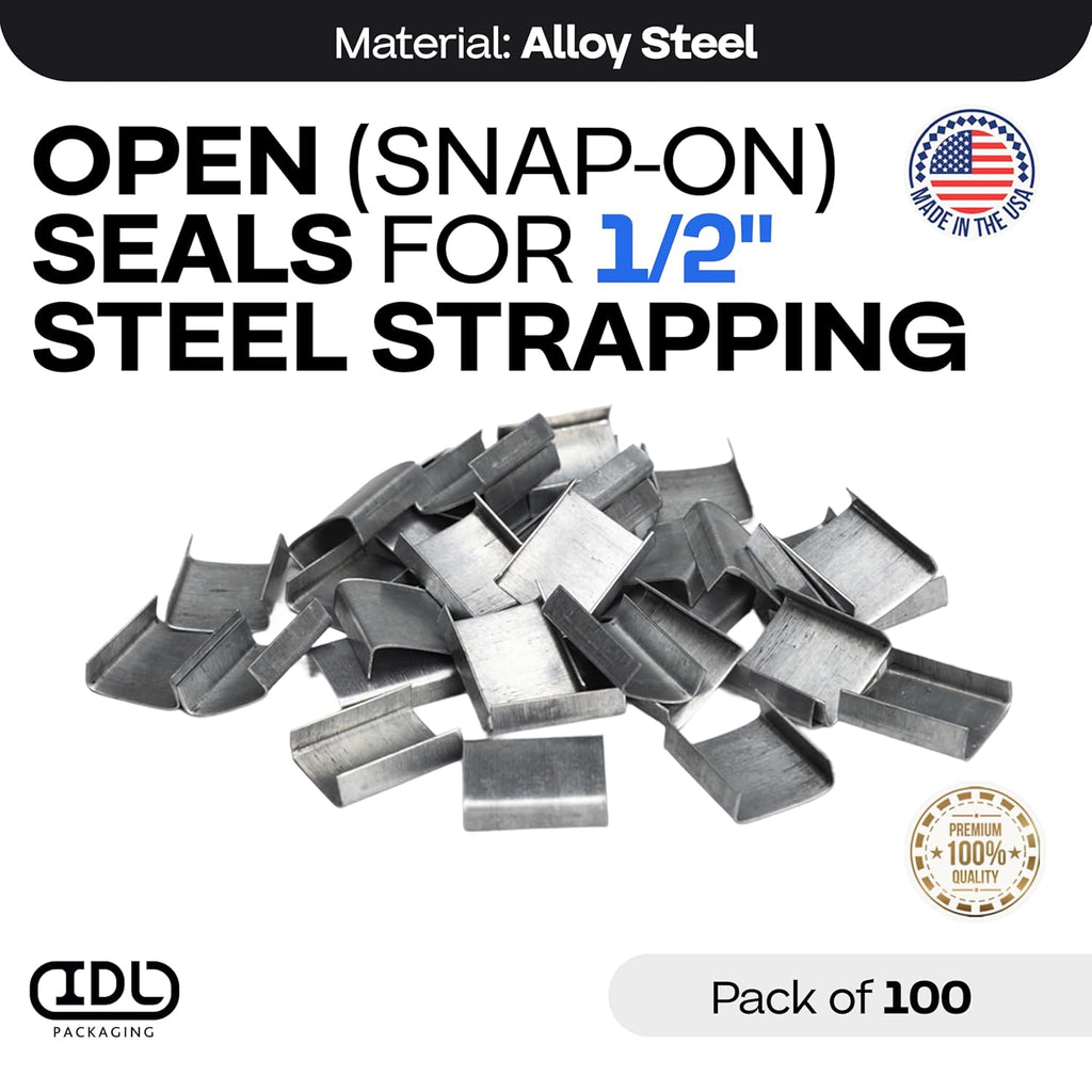 IDL Packaging Open (Snap-On) Seals for 1/2" Strap Width Steel Strapping (Pack of 100) - Superior Holding Power - Sturdy Metal Clips for Securing Heavy Packaging and Pallet Banding